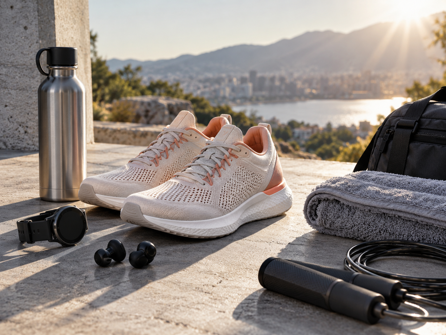 Moderná fitness scéna s bežeckou obuvou, tréningovými doplnkami a dynamickým prirodzeným svetlom
